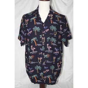 JOE MARLIN Men's XL Short Sleeve Navy Shirt Flamingo Neon Tropical Button Up